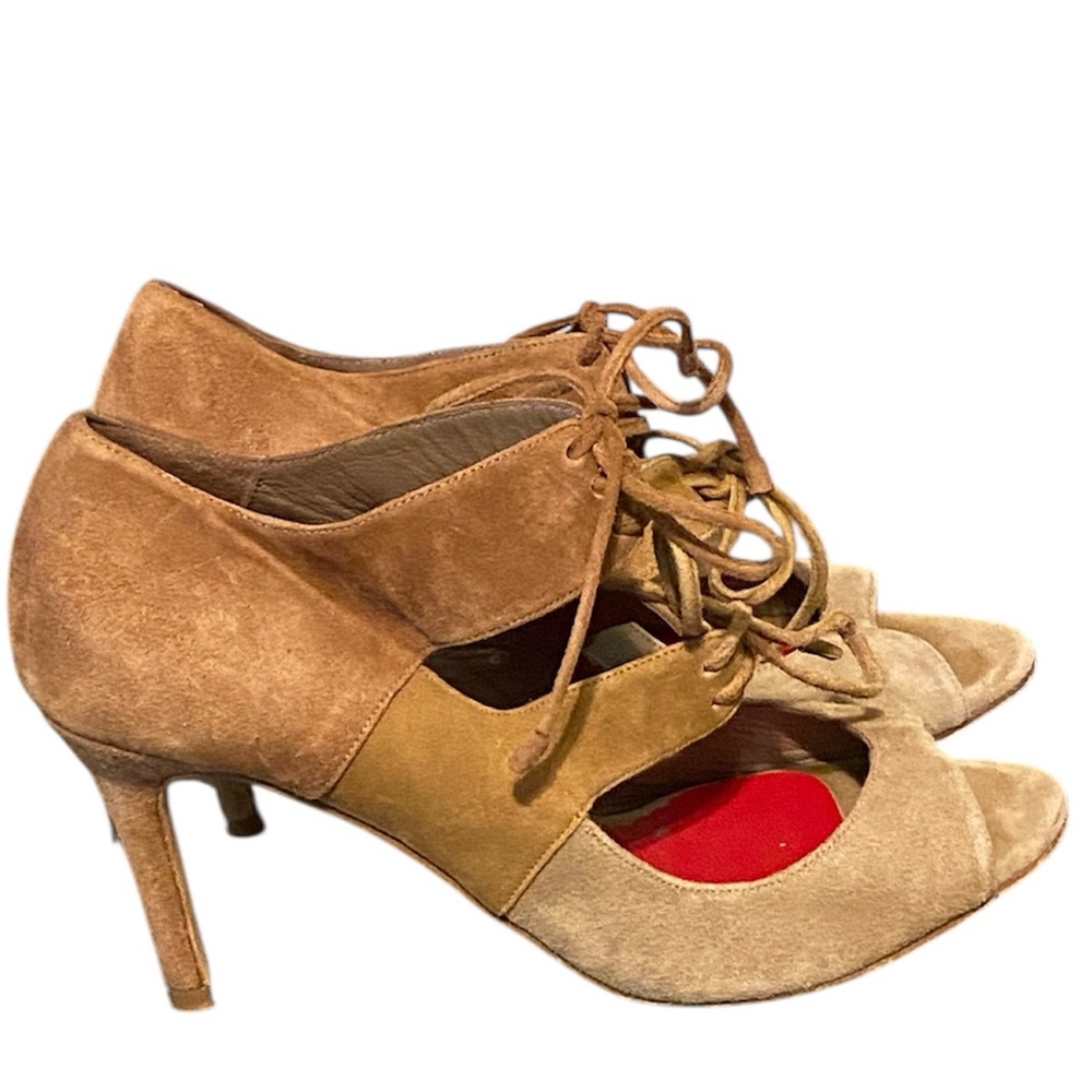 Carolina Herrera peep toe suede color block tie heels 36 5.5